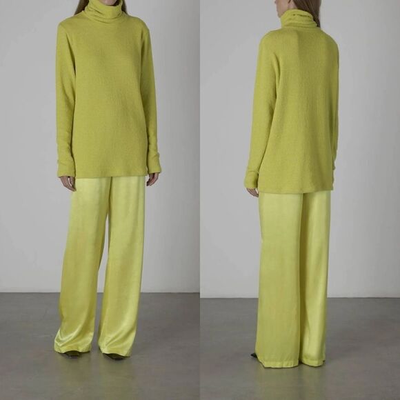 Enza Costa Sold Out Satin High Waist Wide Leg Pull On Pants in Acid Green size S - Picture 6 of 13